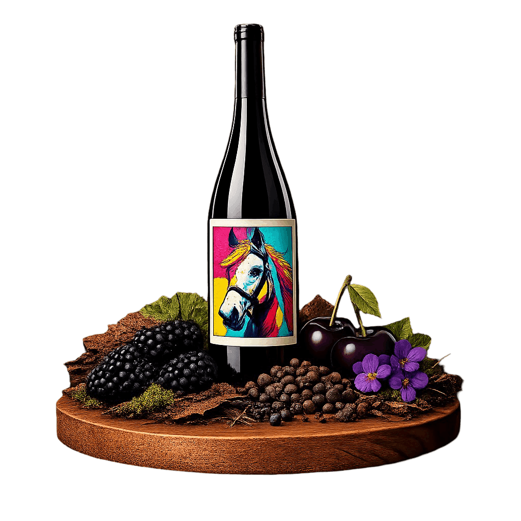 Artistic label and flavor profile for Austrian Blaufränkisch on a rustic wooden table.