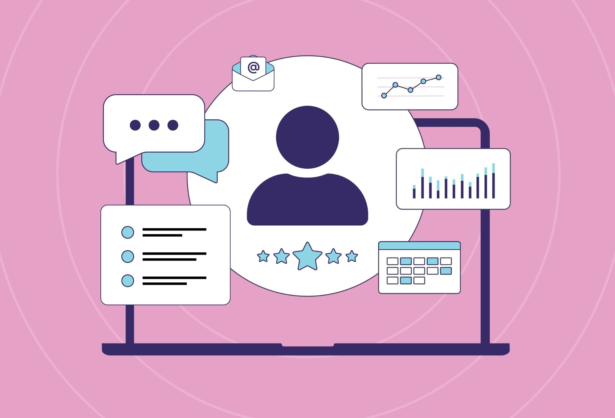 Influencer profile on laptop with ratings, analytics, and messaging icons for creator management
