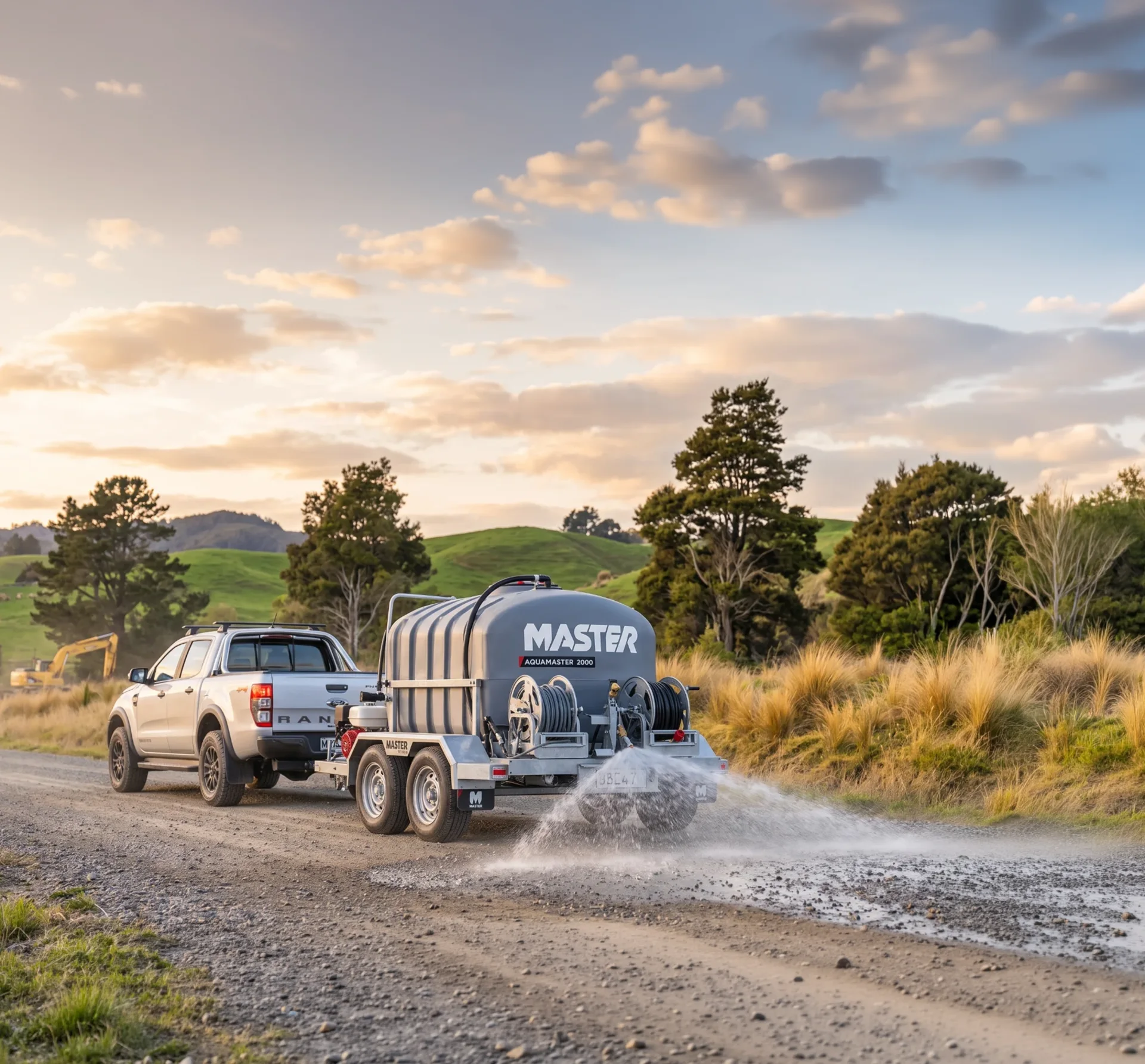 Operator washing down an excavator with the AquaMaster 2000 water cart on a New Zealand earthworks site