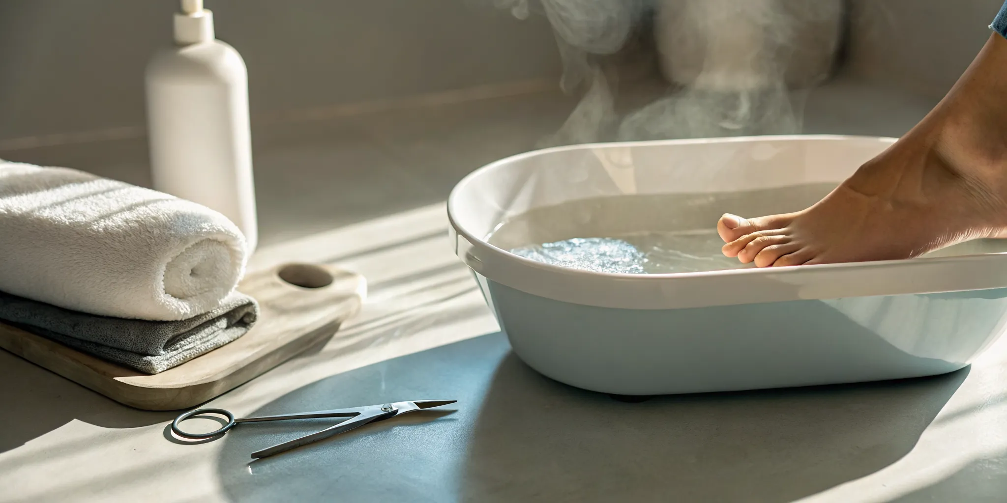 Foot soaking in warm water for ingrown toenail treatment at home.