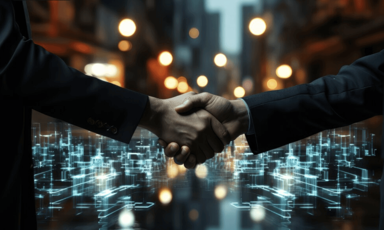 Business handshake symbolizing a digital partnership and technology-driven collaboration.
