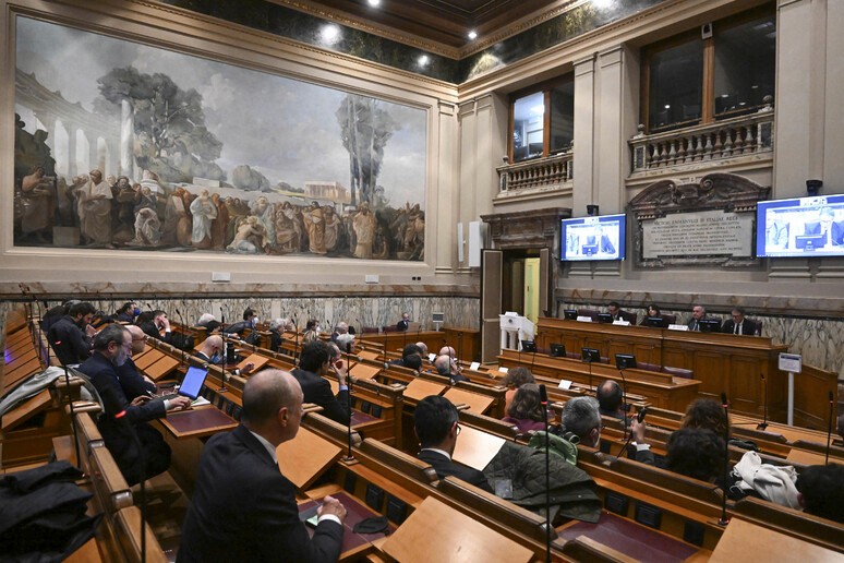 Interno dell’aula del CNEL con rappresentanti e funzionari durante una riunione ufficiale, in un ambiente storico con affreschi e schermi digitali.