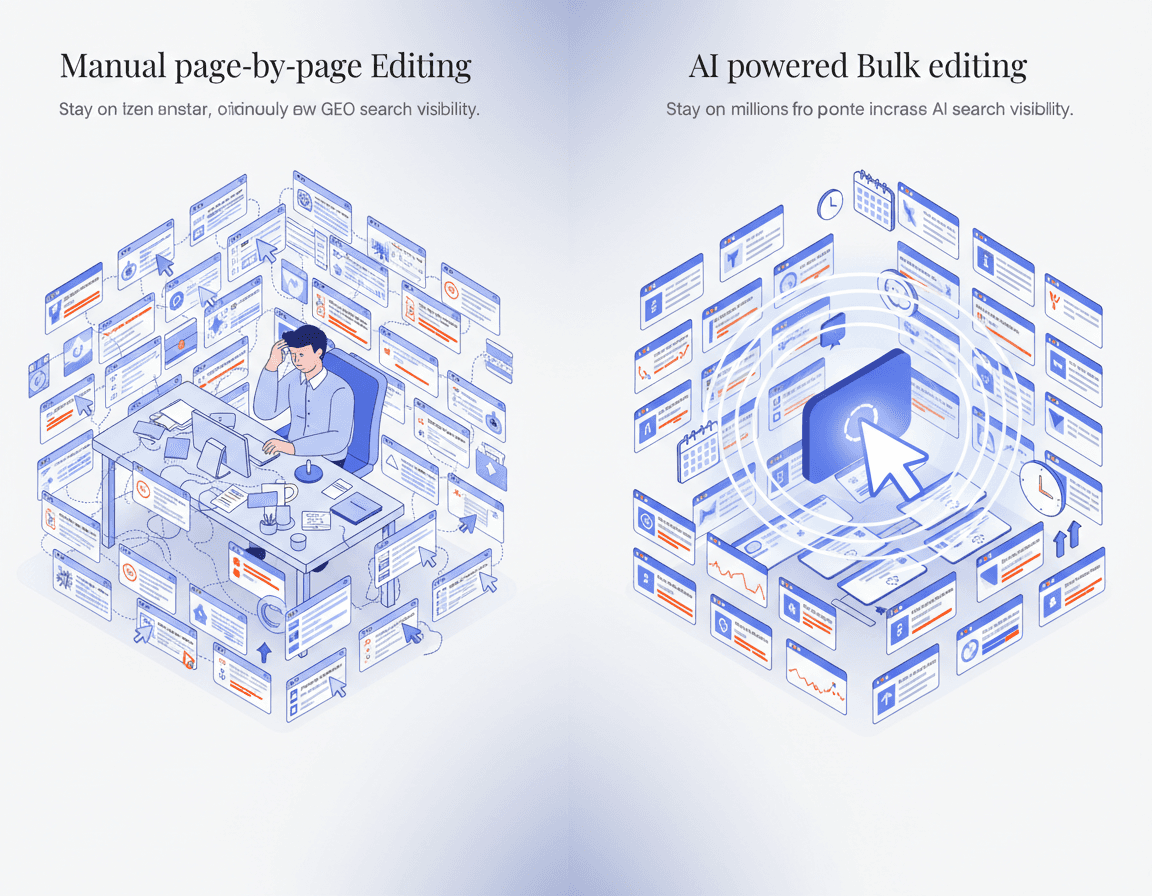 Split view showing manual single-page edits versus AI bulk update waves across thousands of pages.