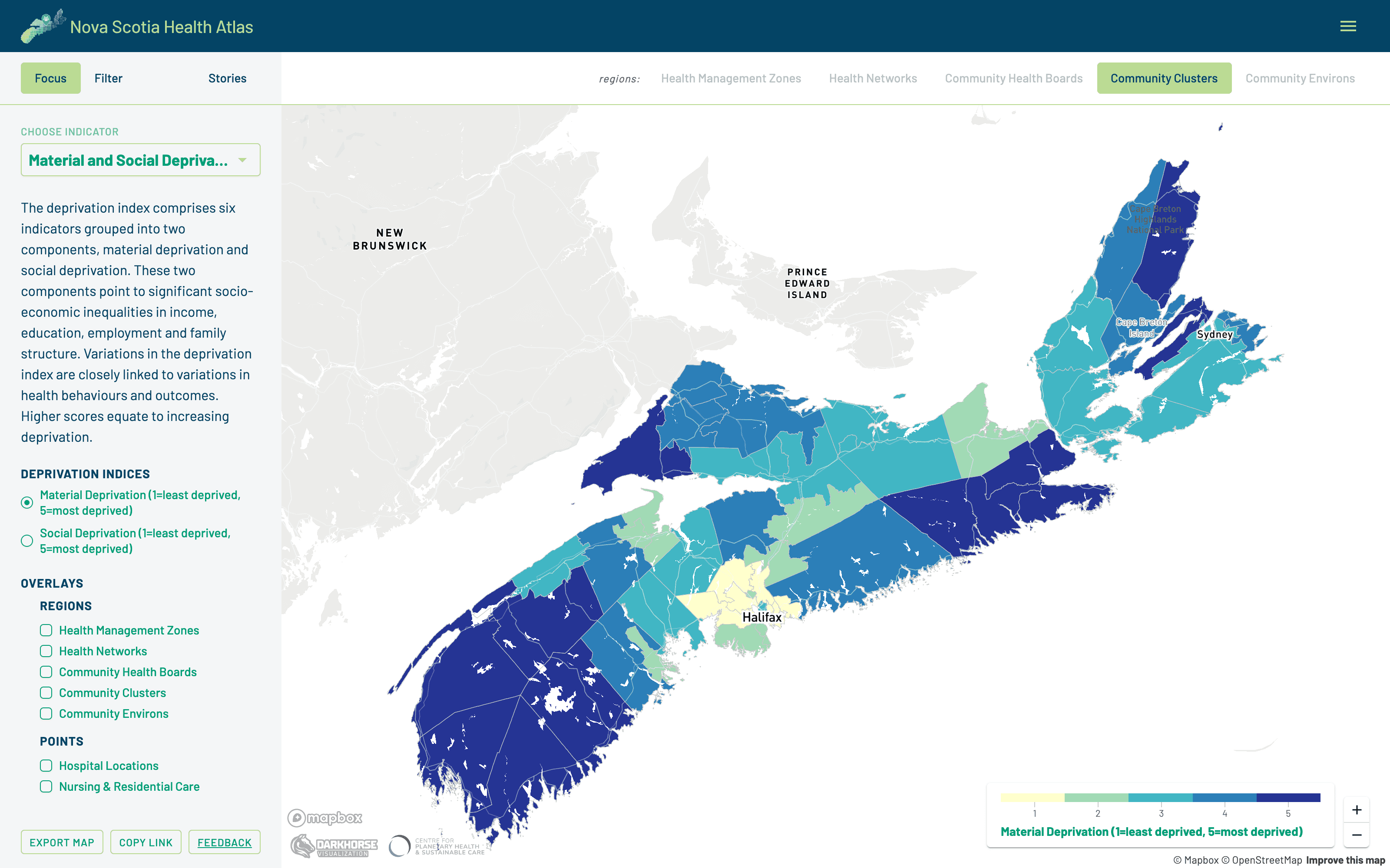 Nova Scotia Health Atlas map of material deprivation by community cluster