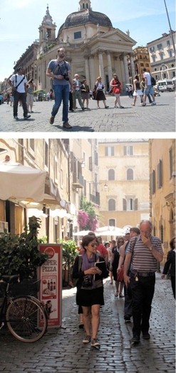 Photos showing people in tour trough Rome and Venice.