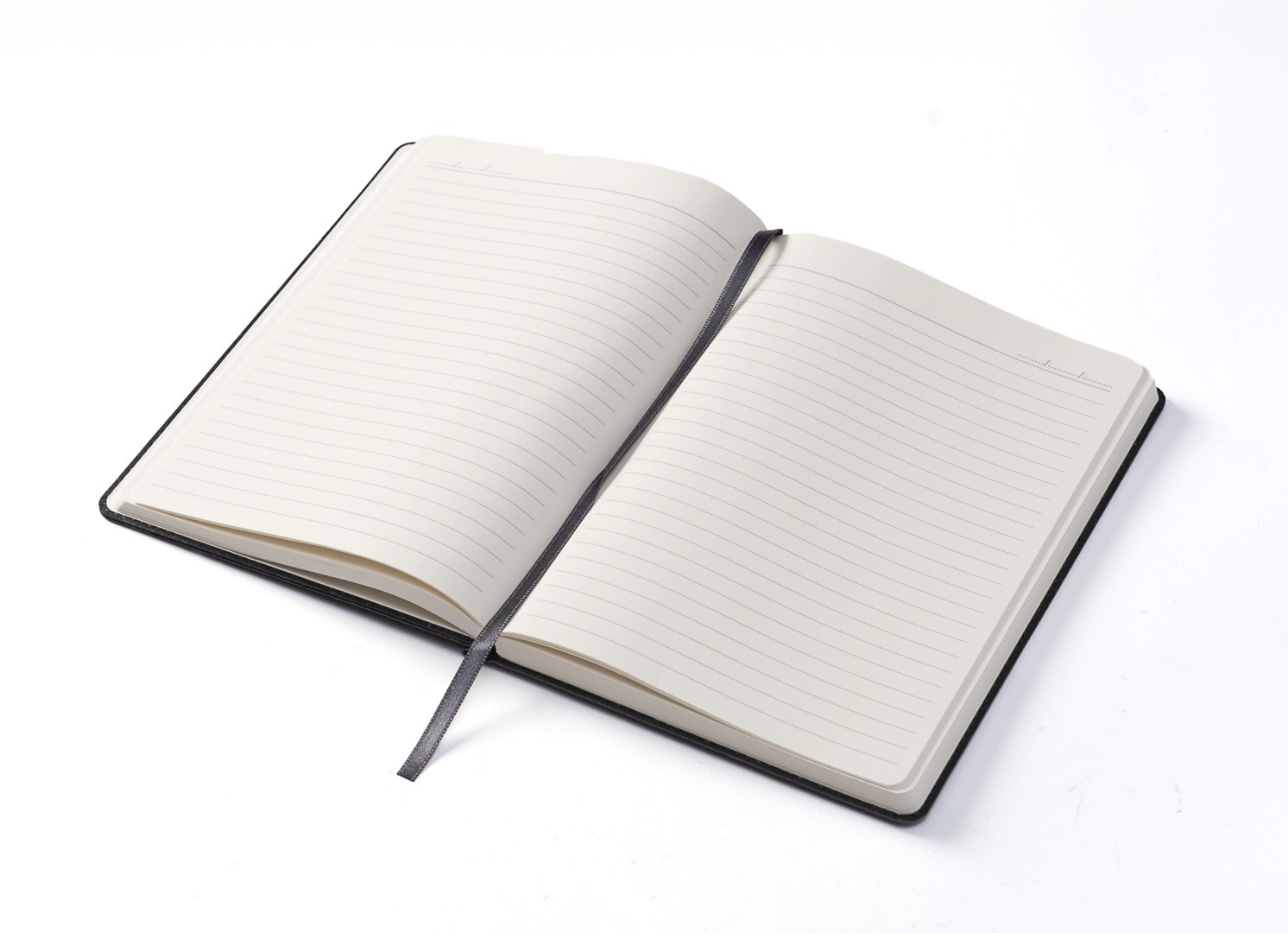 Open notebook displaying lined pages and grey ribbon bookmark.