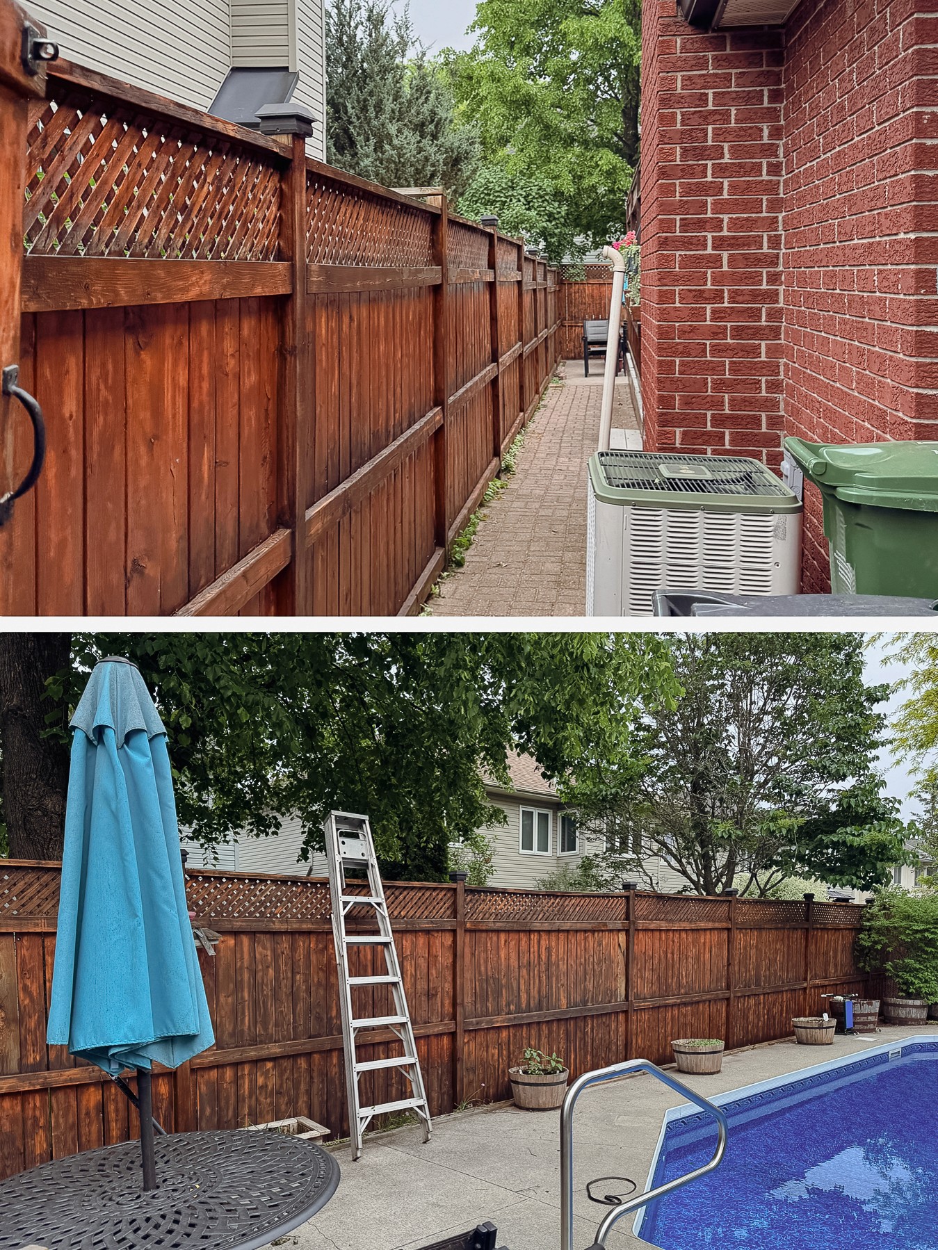 Before and after professionally stained fence enhancing outdoor space in Ottawa
