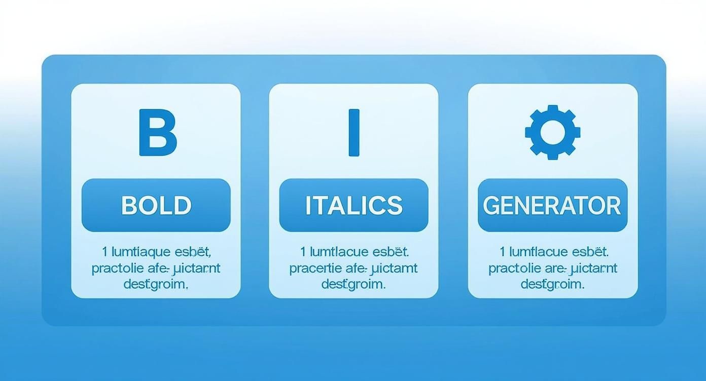 Three cards displaying text formatting options: Bold, Italics, and a Generator function.