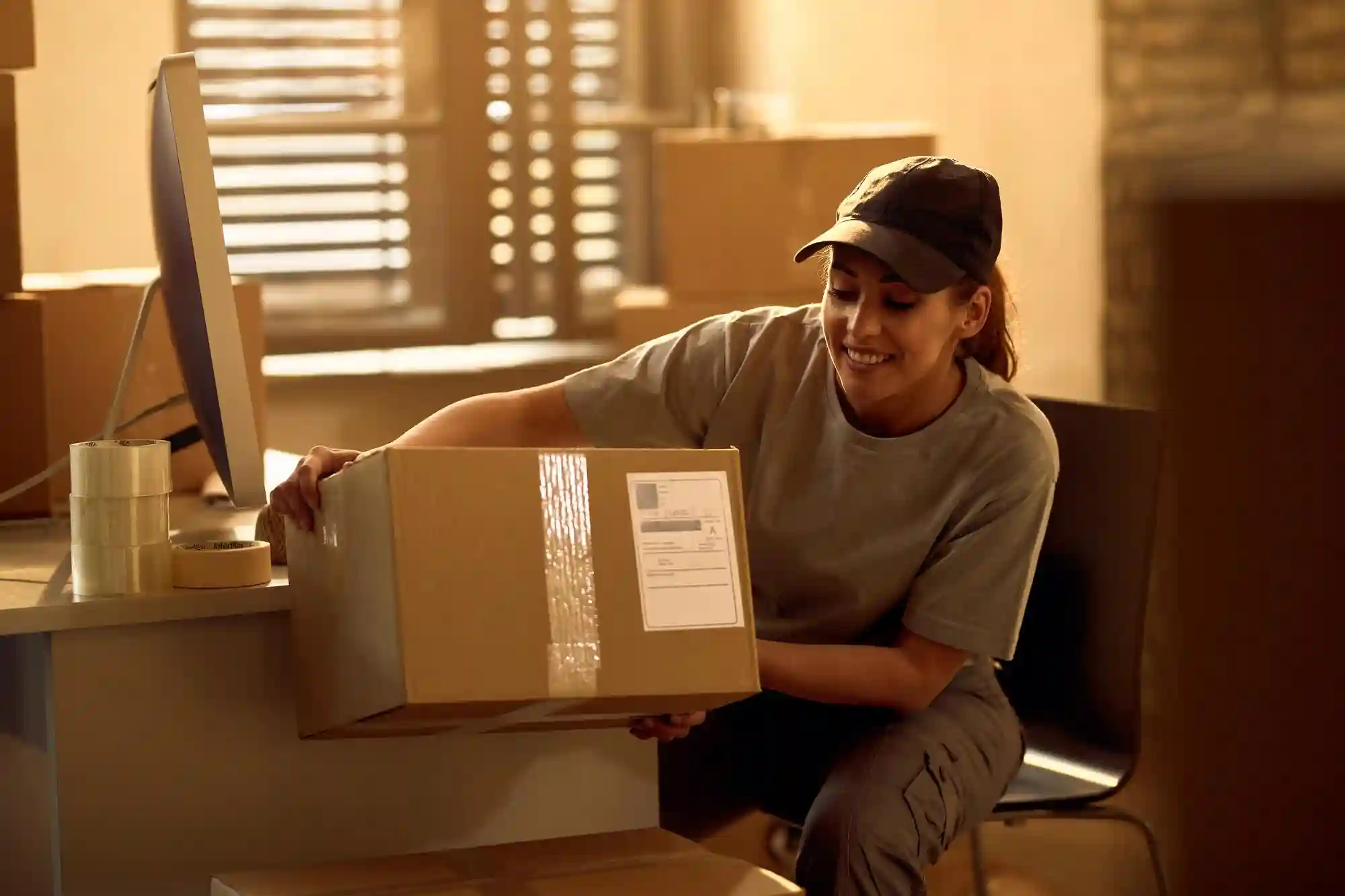 A warehouse worker preparing a package for shipment, showcasing the human element in global supply chain logistics.