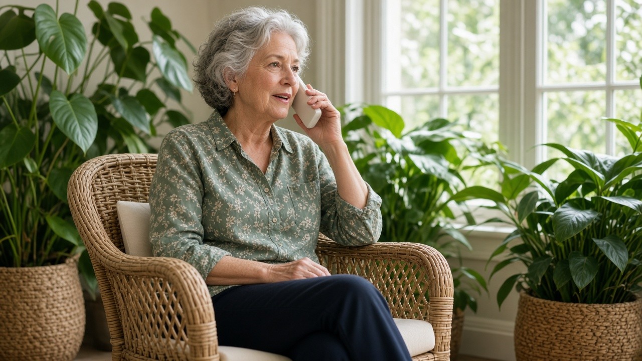 This image depicts an elderly woman with gray hair sitting in a woven armchair upholstered with a light cushion. She is engaged in a phone call, holding a smartphone to her ear with a calm and attentive expression. The room is well-lit with natural light coming through large windows in the background. Several large, green leafy plants in woven baskets are positioned near the windows, creating a warm, inviting, and healthy indoor environment. This image is suitable for illustrating topics related to senior care, cognitive health support, communication technology for elderly individuals, and creating comfortable living spaces for older adults.