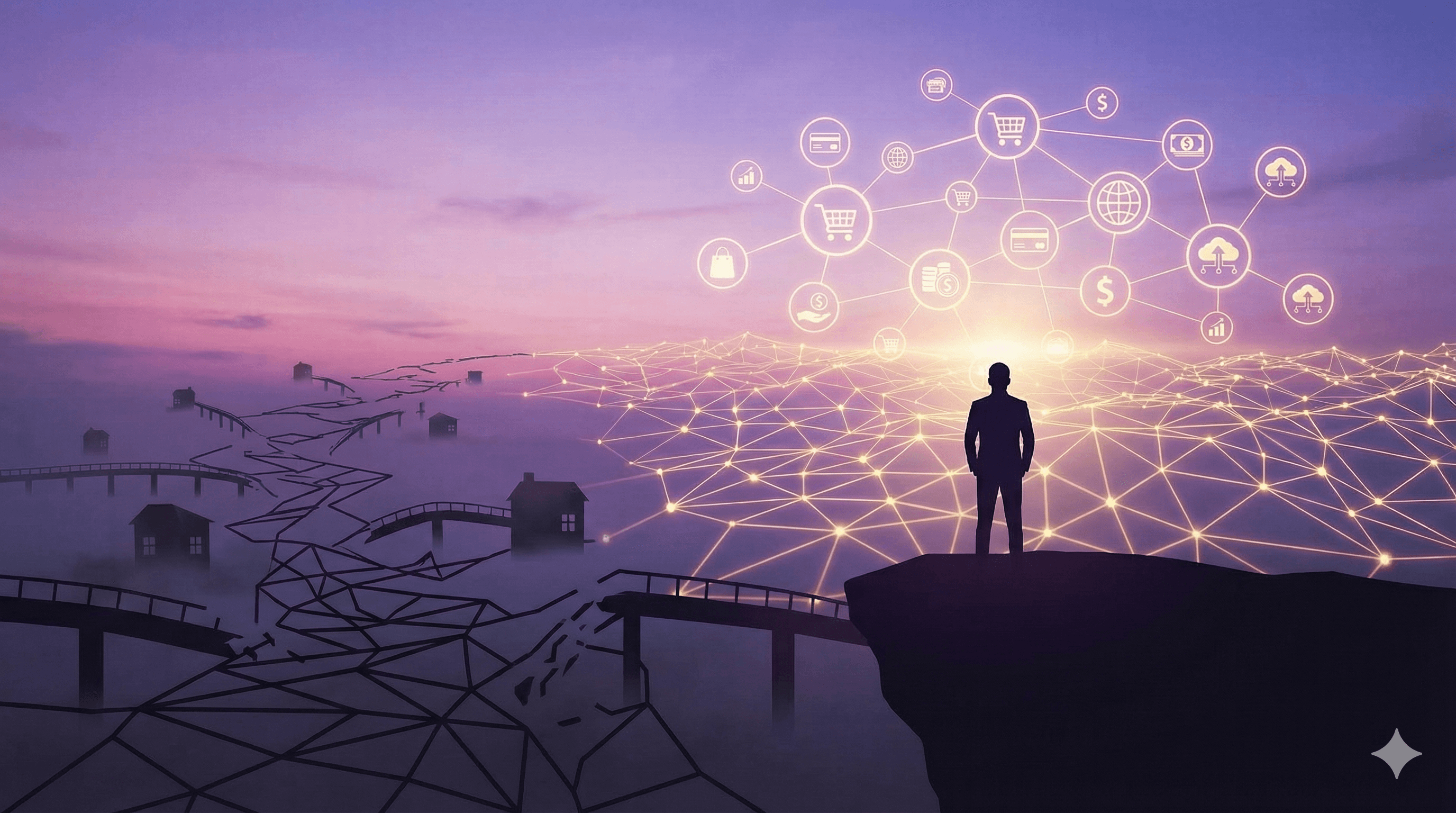 Silhouette on a cliff overlooking a glowing commerce network, with a broken path behind.