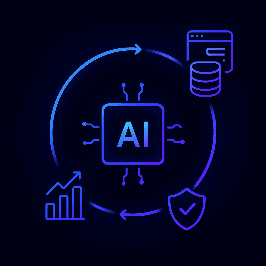 AI chip icon exchanging data bidirectionally with CMS icons, side links to analytics and governance elements