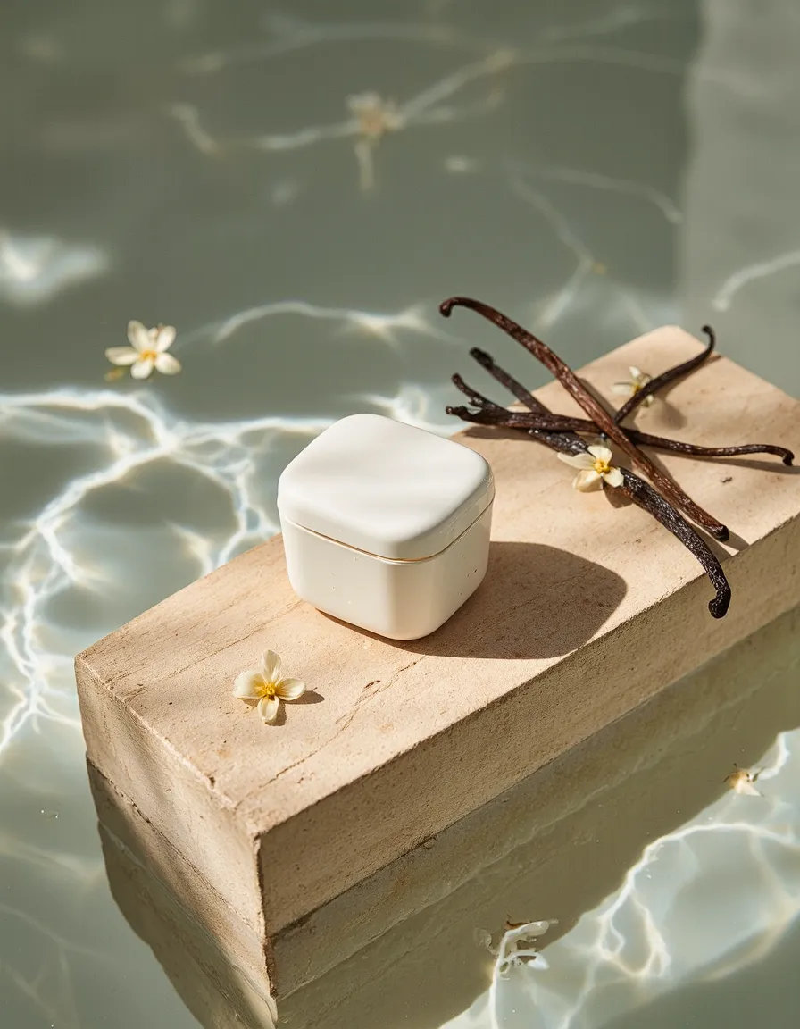 White jewelry or product box with vanilla pods on wooden block floating in clear water with small white flowers, bathed in natural light