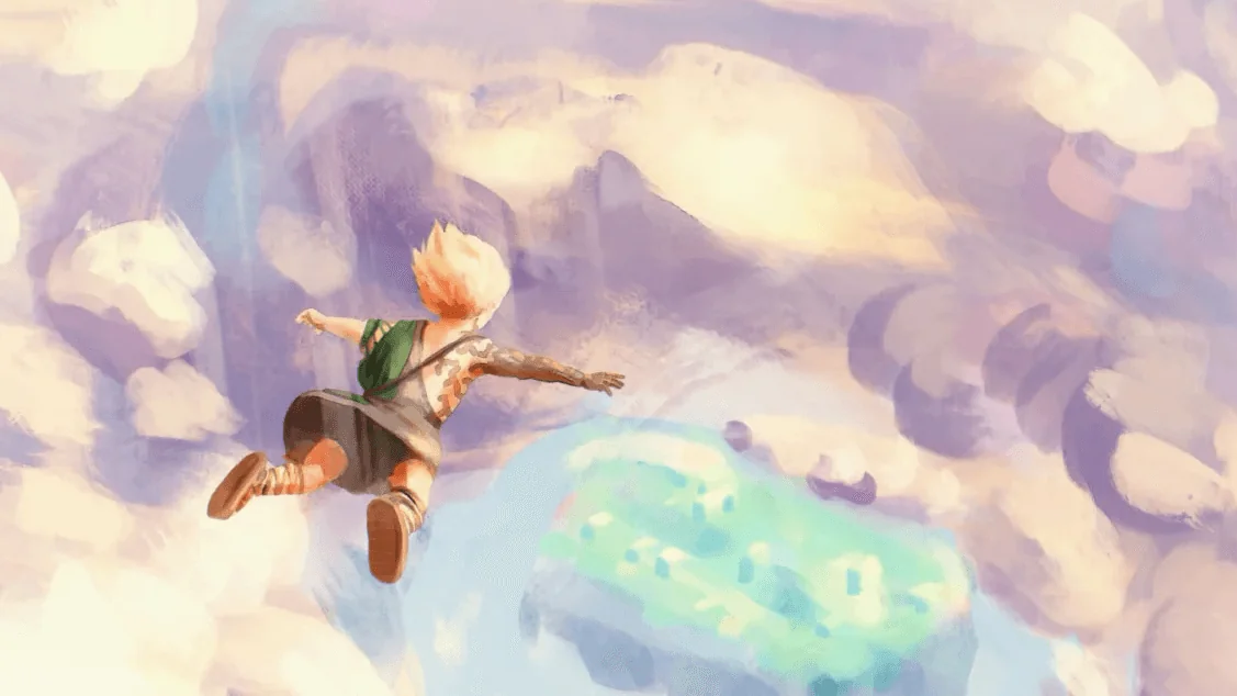 A blond boy in a green tunic falling backward through cream and lilac clouds, with a small green island floating below him.