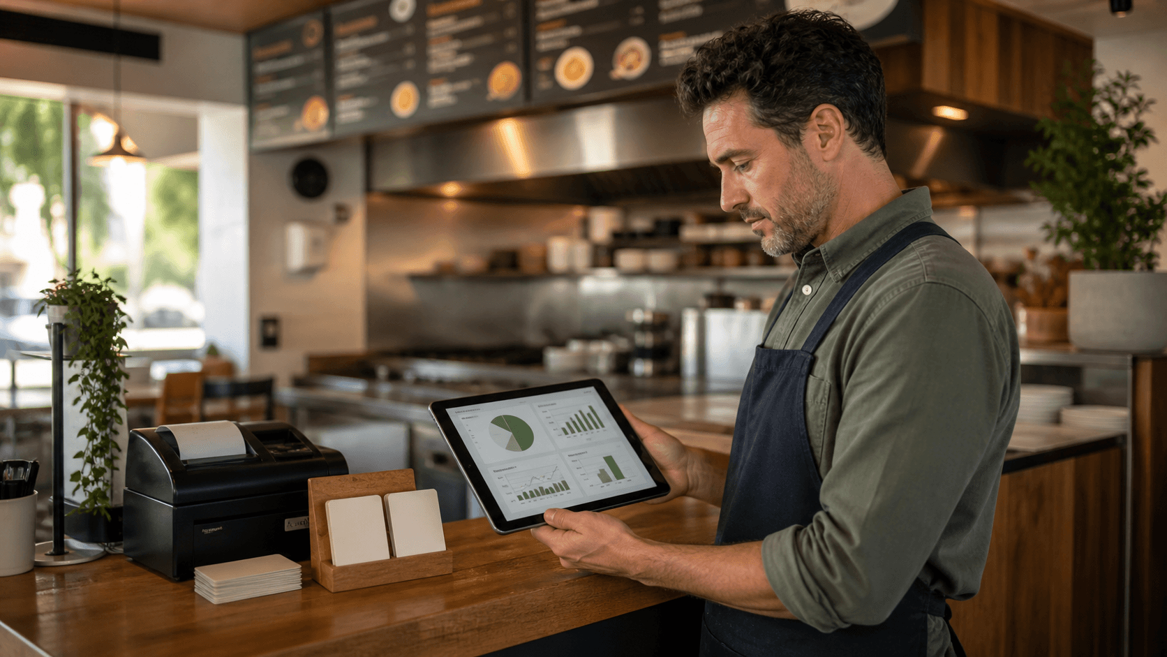 Restaurant owner reviewing loyalty program performance on a tablet