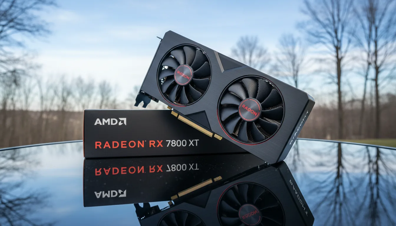 DSLR product photography of a black AMD Radeon RX 7800 XT graphics card with dual fans, resting diagonally on its matching black retail box. The scene is shot on a highly reflective, glossy black table outdoors under natural daylight, creating cinematic contrast. The surface clearly reflects the sky and the dark silhouettes of trees. The focus is sharp on the matte metal and plastic textures of the GPU.