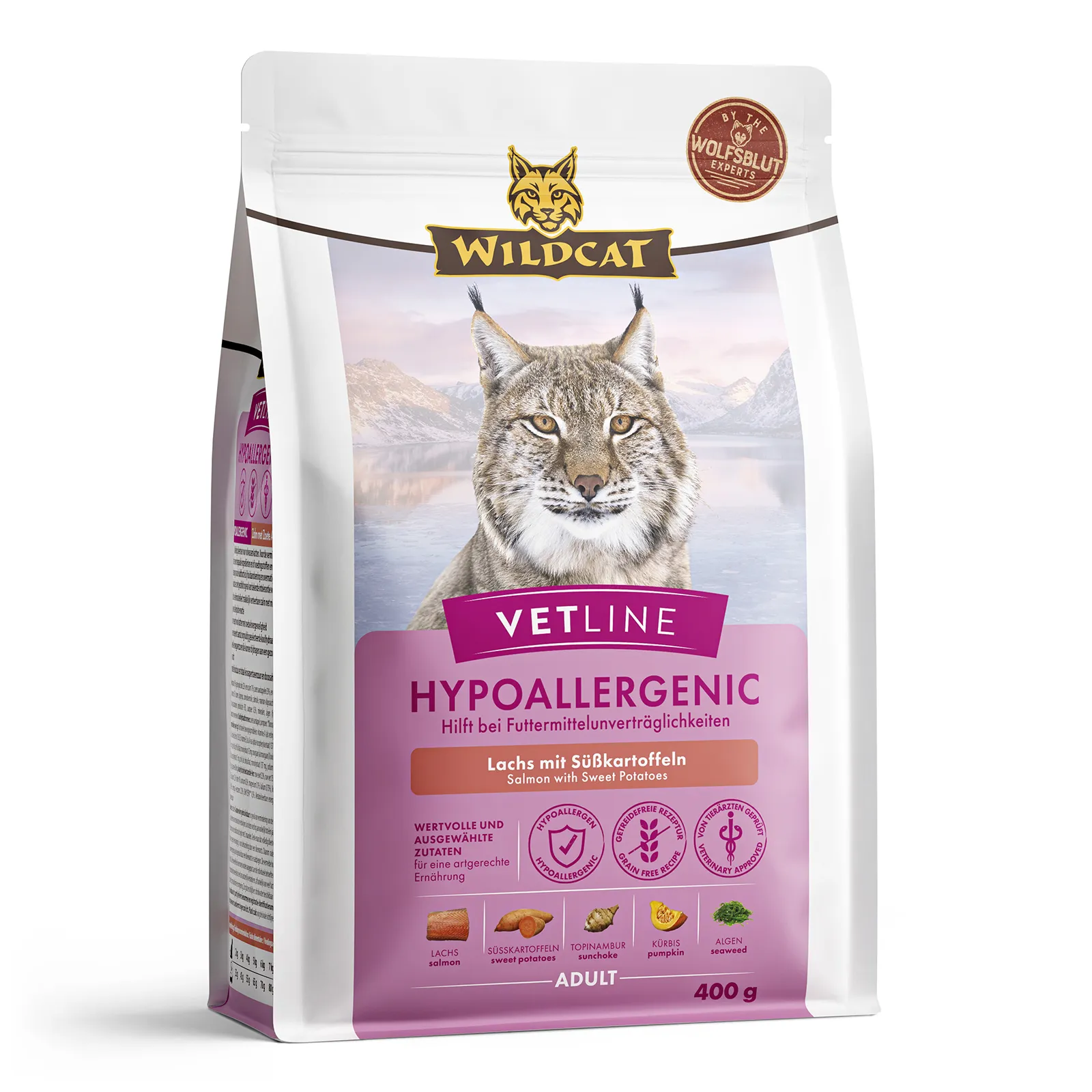 3D packshot of Wildcat Vetline Hypoallergenic cat food pouch with lynx illustration