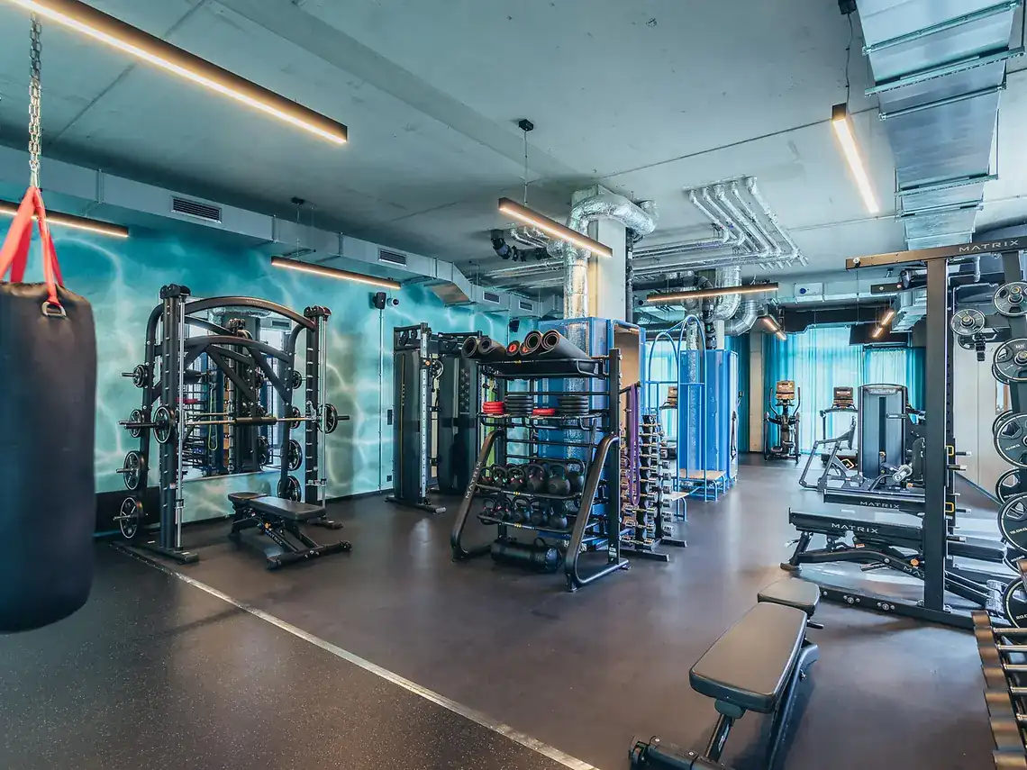 Gym in student accommodation in Göttingen with strength equipment, free weights and boxing facilities