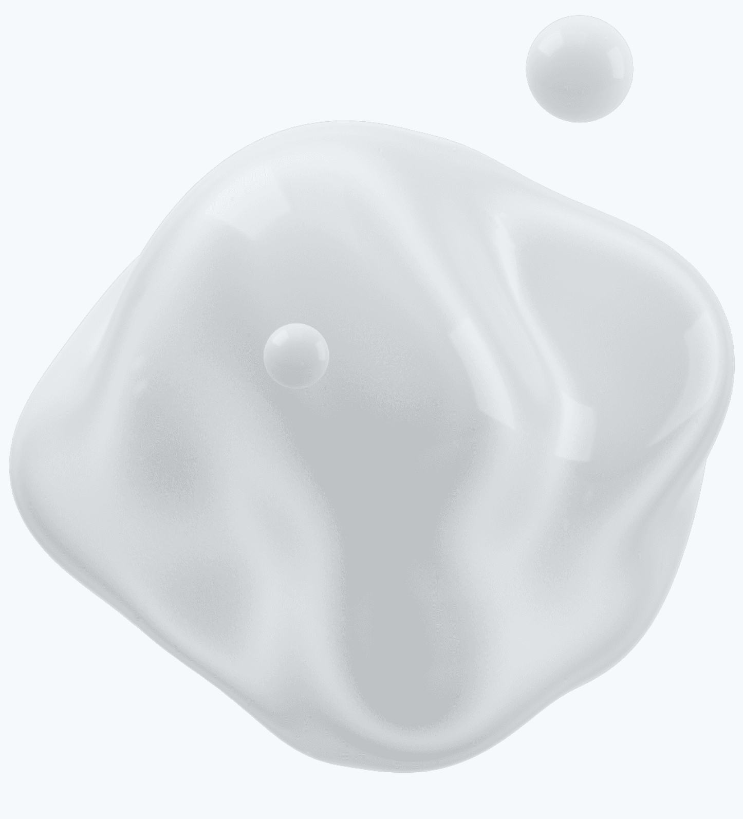 Translucent, abstract 3D blob with smooth, flowing curves floating against a light gray background.