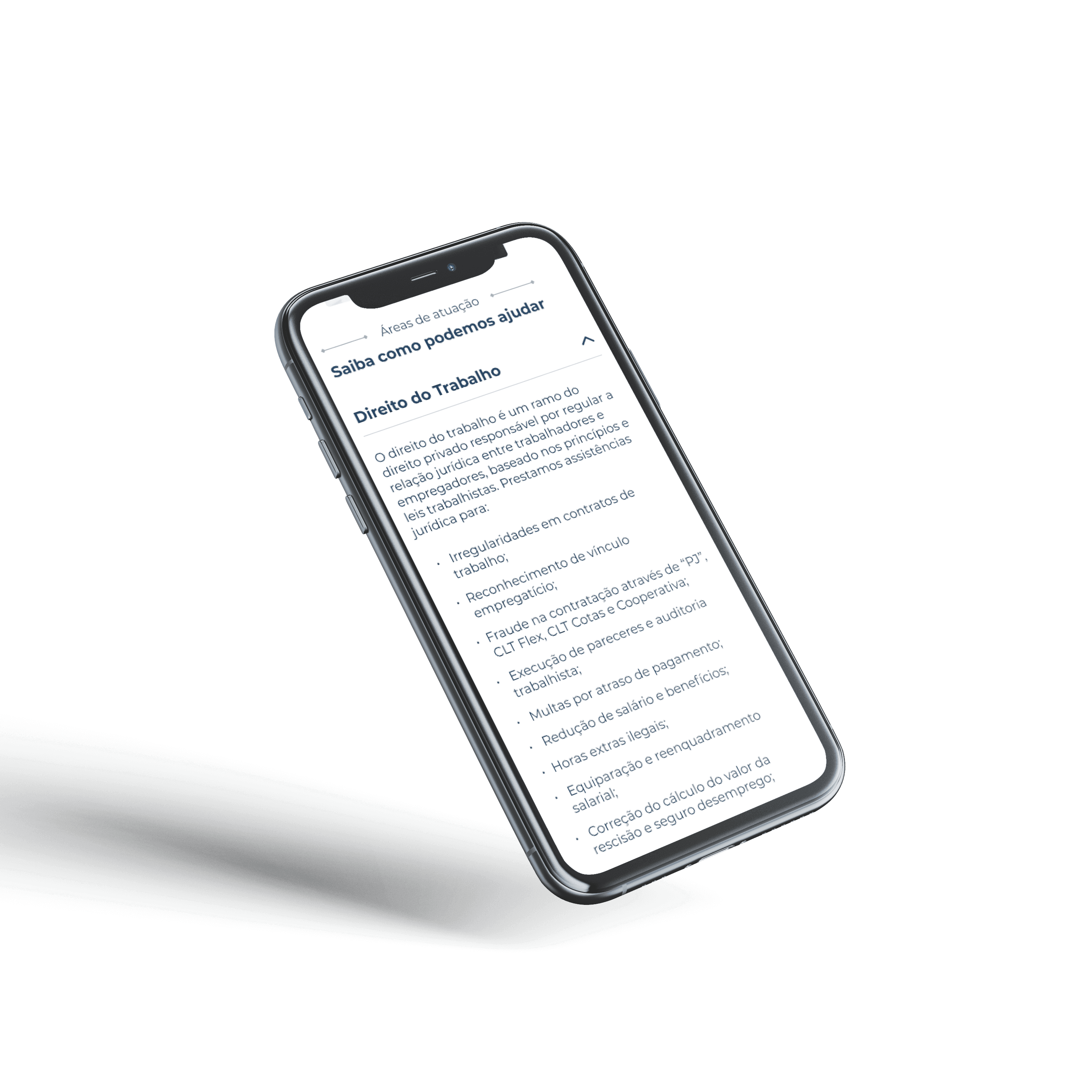 Celular mostrando a seção de "Áreas de Atuação" da empresa