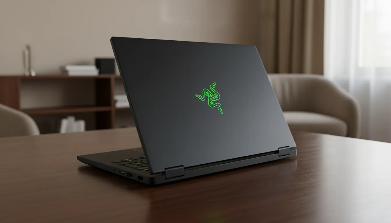 DSLR photography of a sleek, matte black Razer gaming laptop resting on a glossy dark brown wooden desk, viewed from a high three-quarters angle. The laptop is partially open, showcasing the top lid with its iconic glowing green triple-headed snake logo. Soft, natural indoor lighting creates subtle reflections on the desk and highlights the laptop's sharp edges. The focus is sharp on the laptop, with a soft bokeh background of a warm, neutral-toned room interior.