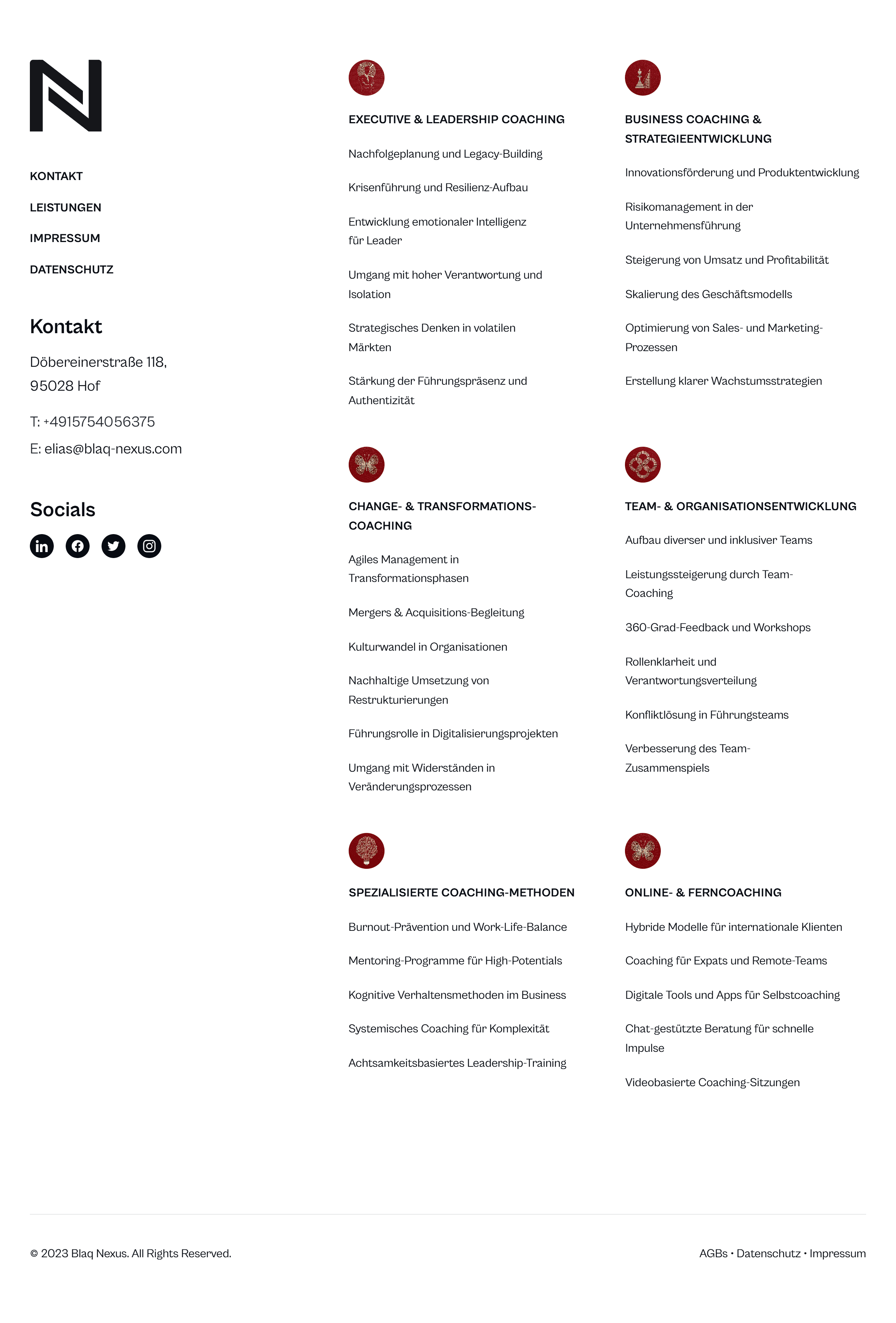 der footer eines Coaches, sektion seiner Website