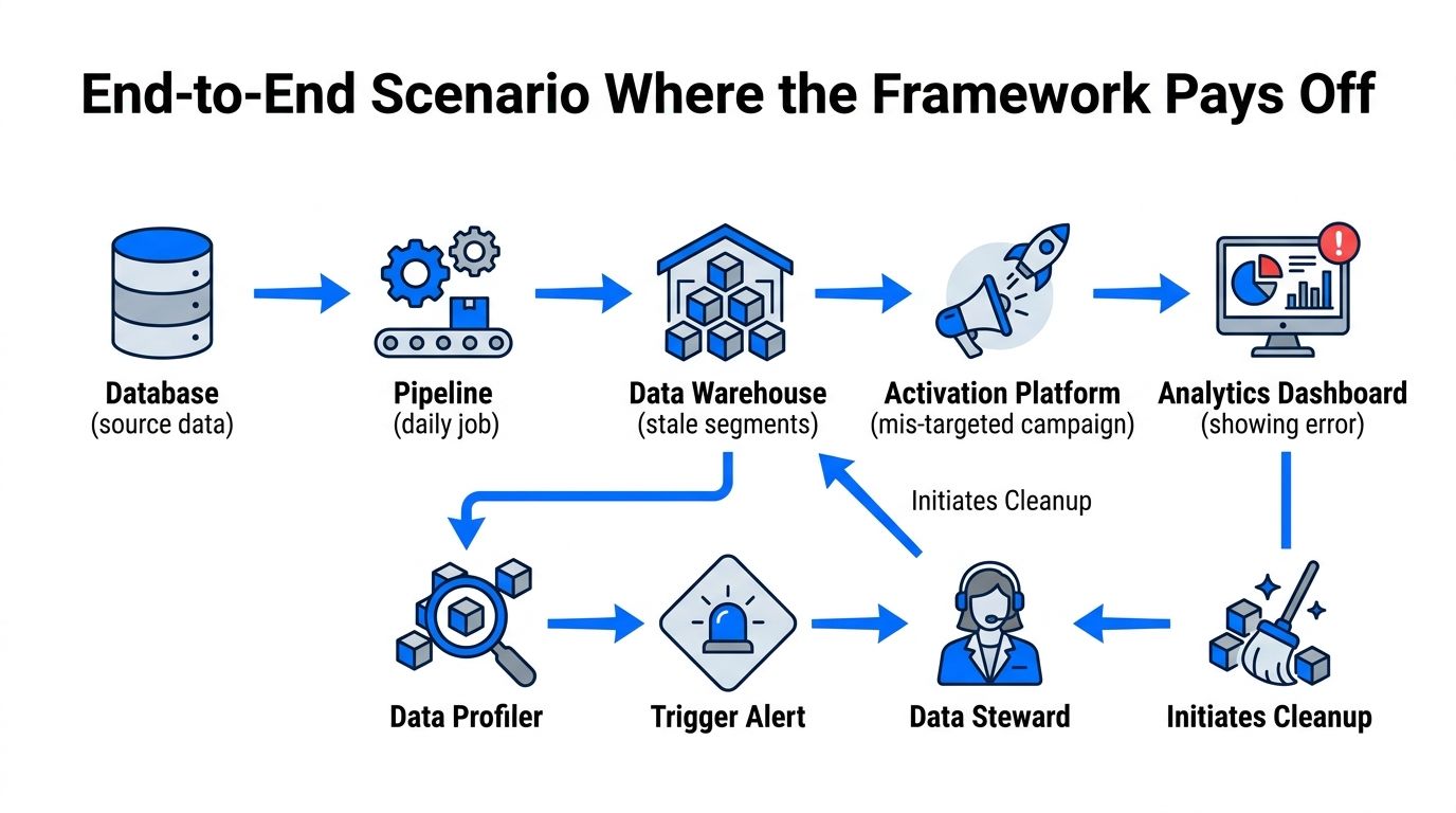 A diagram illustrating an end-to-end data quality framework for identifying and correcting pipeline errors.