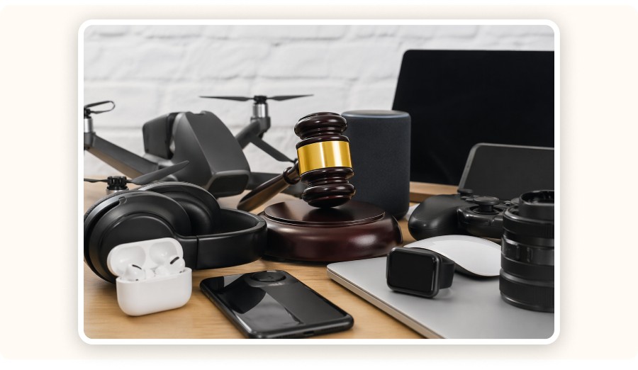 marteau de juge avec plusieurs produits high tech