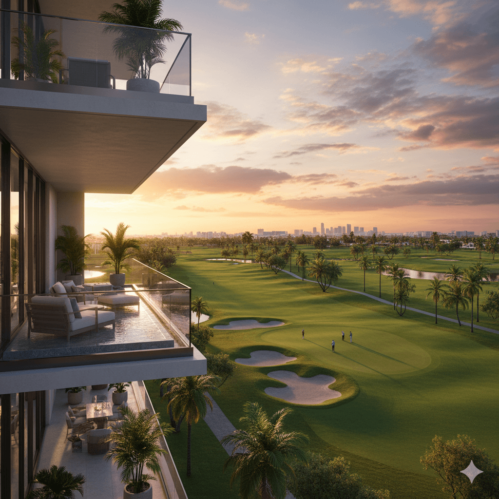 Private balcony with uninterrupted golf course views from a luxury apartment at M3M Mension