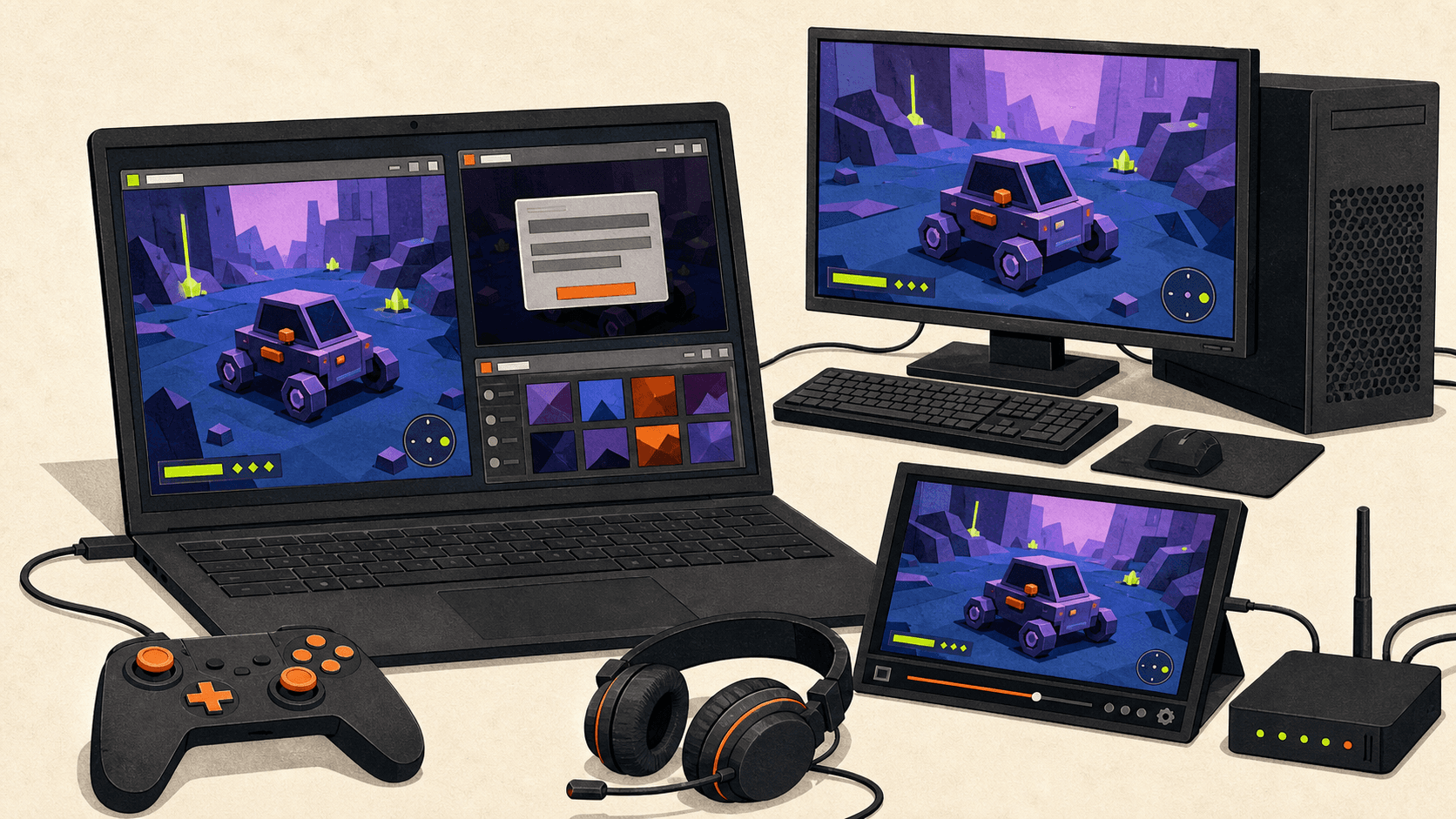 Windows application compatibility test with a laptop, license dongle, controller, USB devices, network router, and fallback Windows PC.