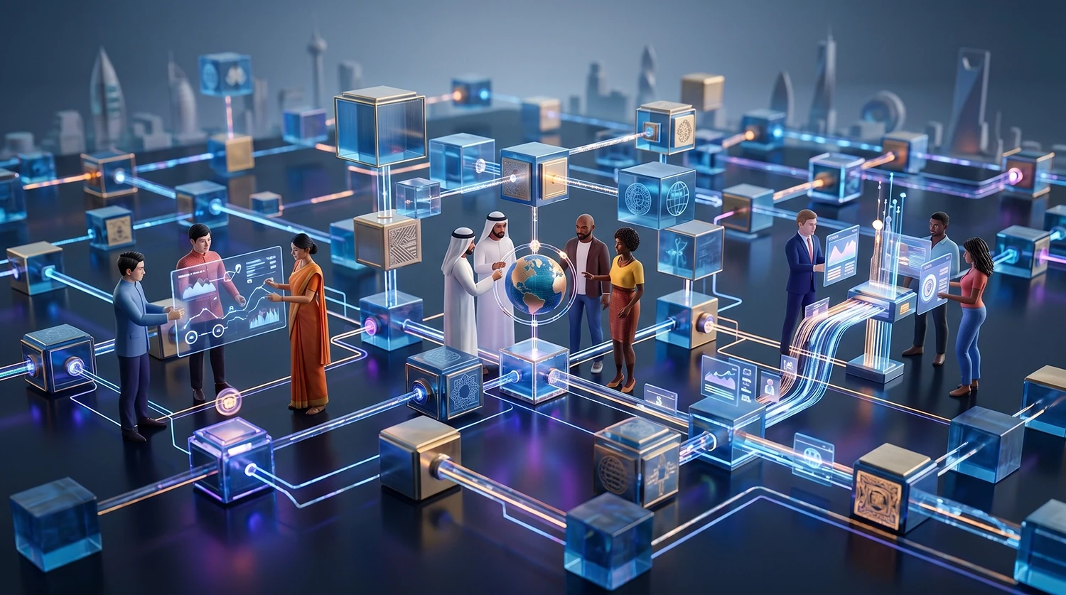 Multicultural professionals interacting with holographic data in smart city representing mediareach digital transformation