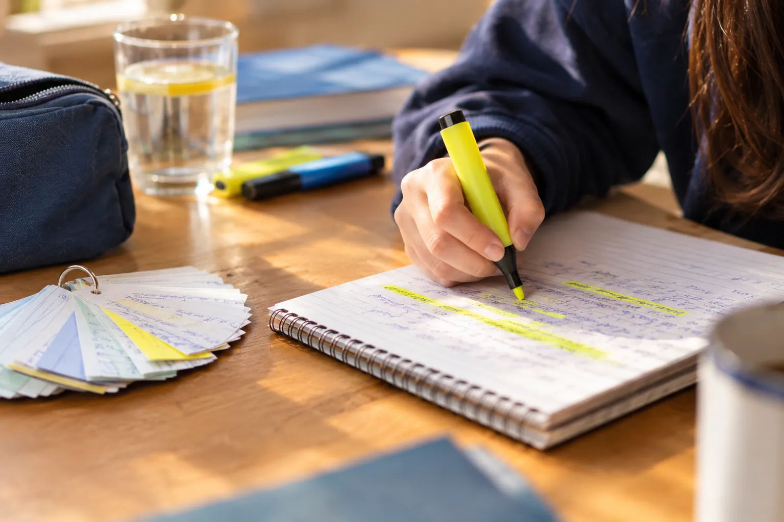 Student highlighting revision notes in yellow