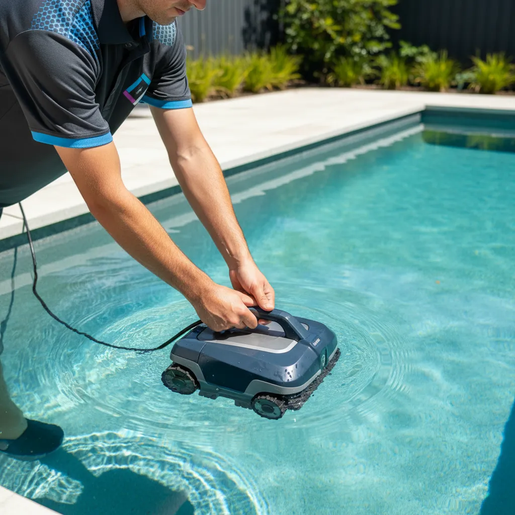 Person lifting a robotic pool cleaner out of clear blue pool water.