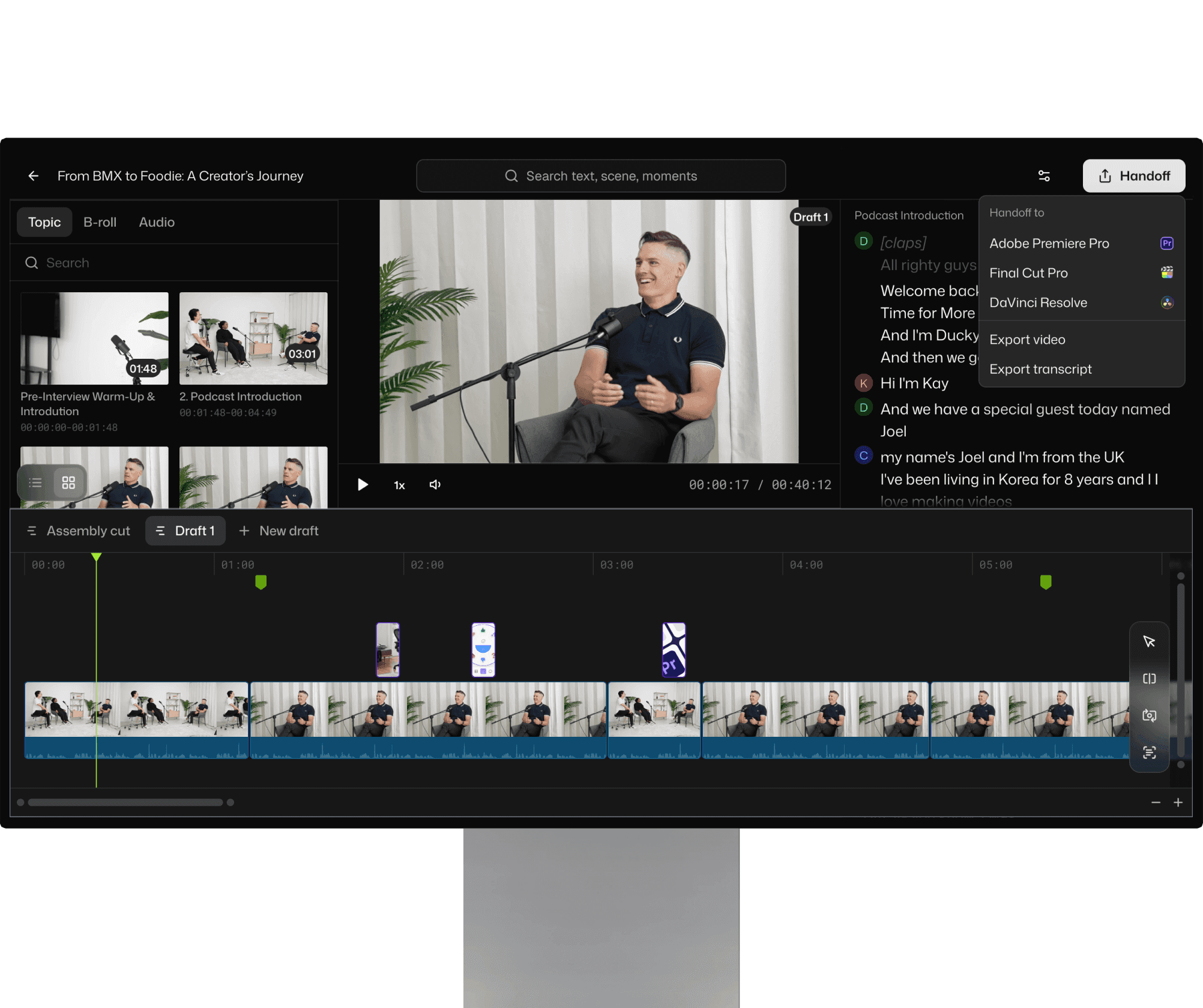 Selects by Cutback UI showcasing the video storyline creation process