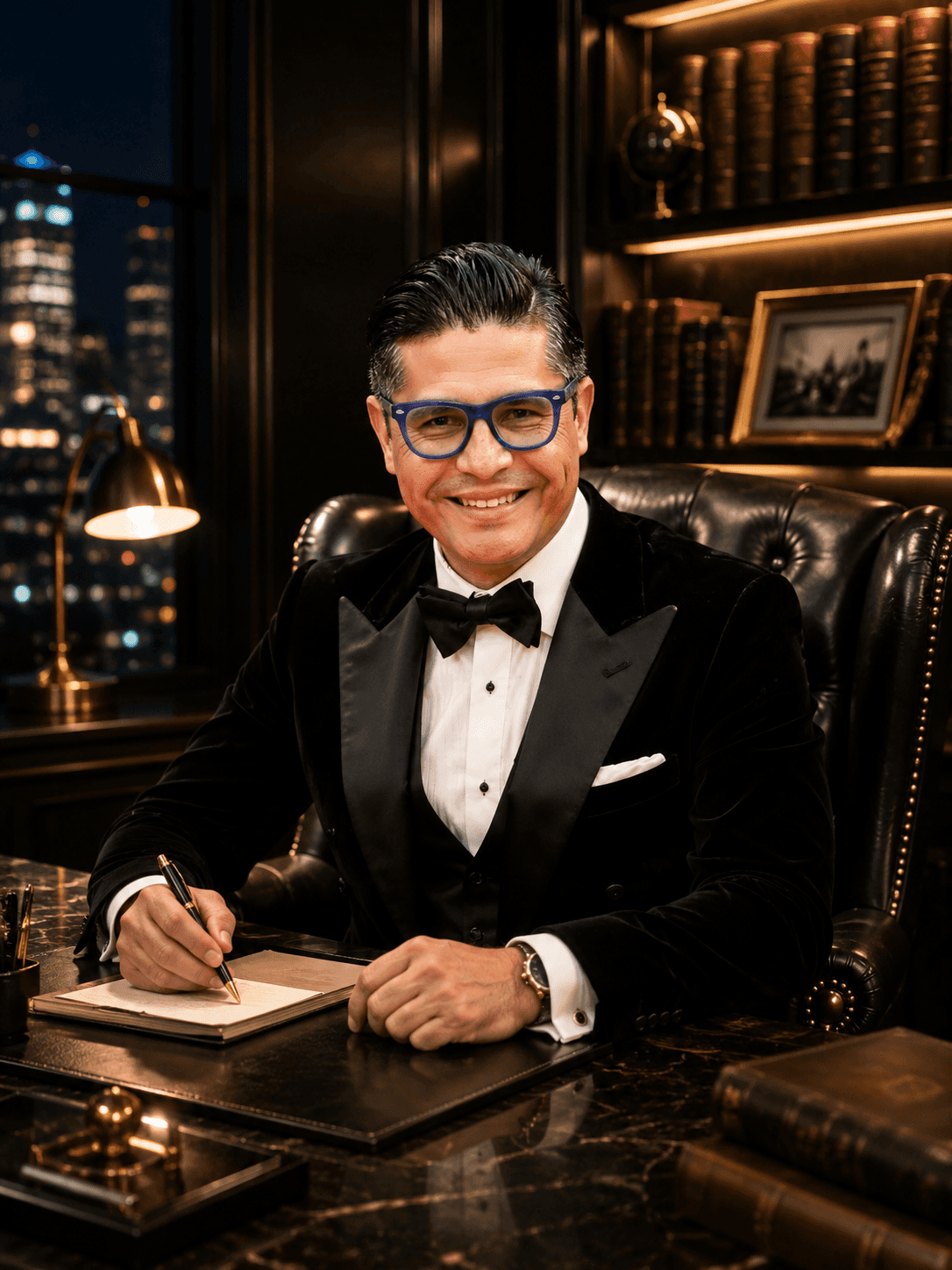 Carlos Camargo in a black tuxedo seated at a desk, writing in a warmly lit office.