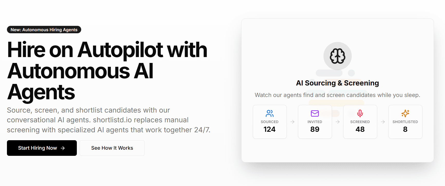 Autonomous AI recruitment software dashboard showing AI sourcing, interviews, and candidate shortlisting