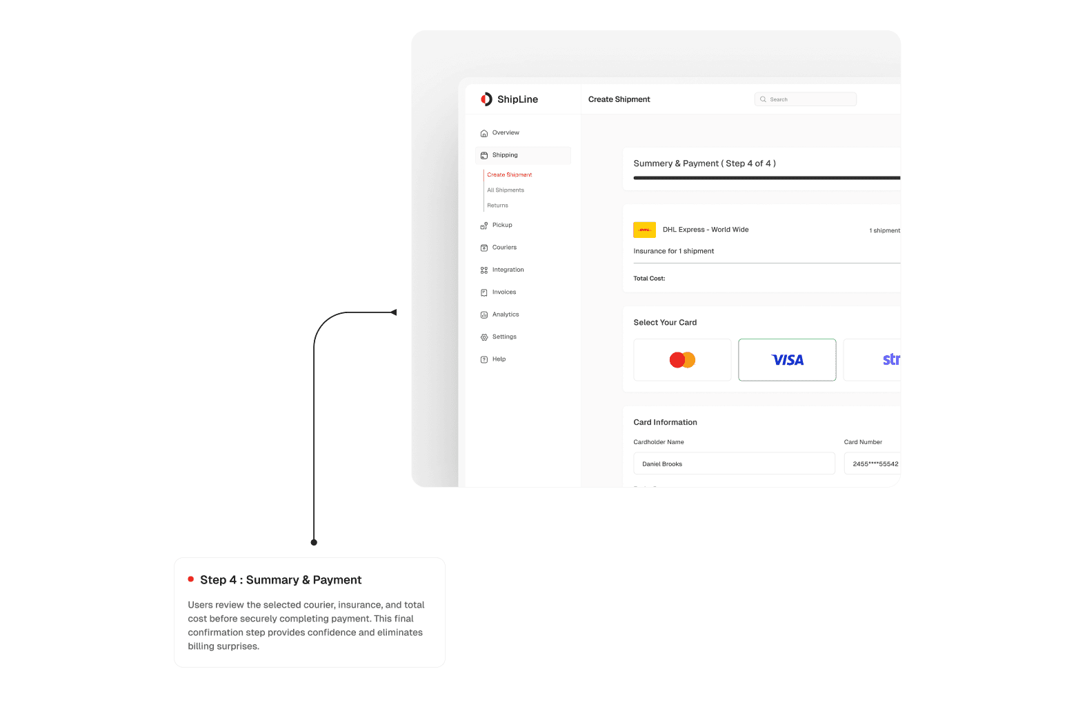 Create Shipment screen showing Step 4 Summary and Payment with order summary and card payment form
