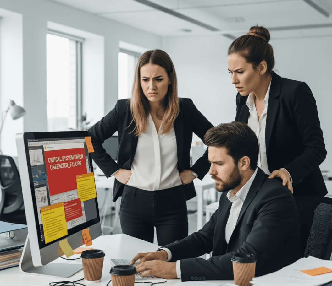 Three office workers in business attire reacting with stress and frustration to a critical system error displayed on a computer screen, surrounded by papers, coffee cups, and cables in a modern office setting.
