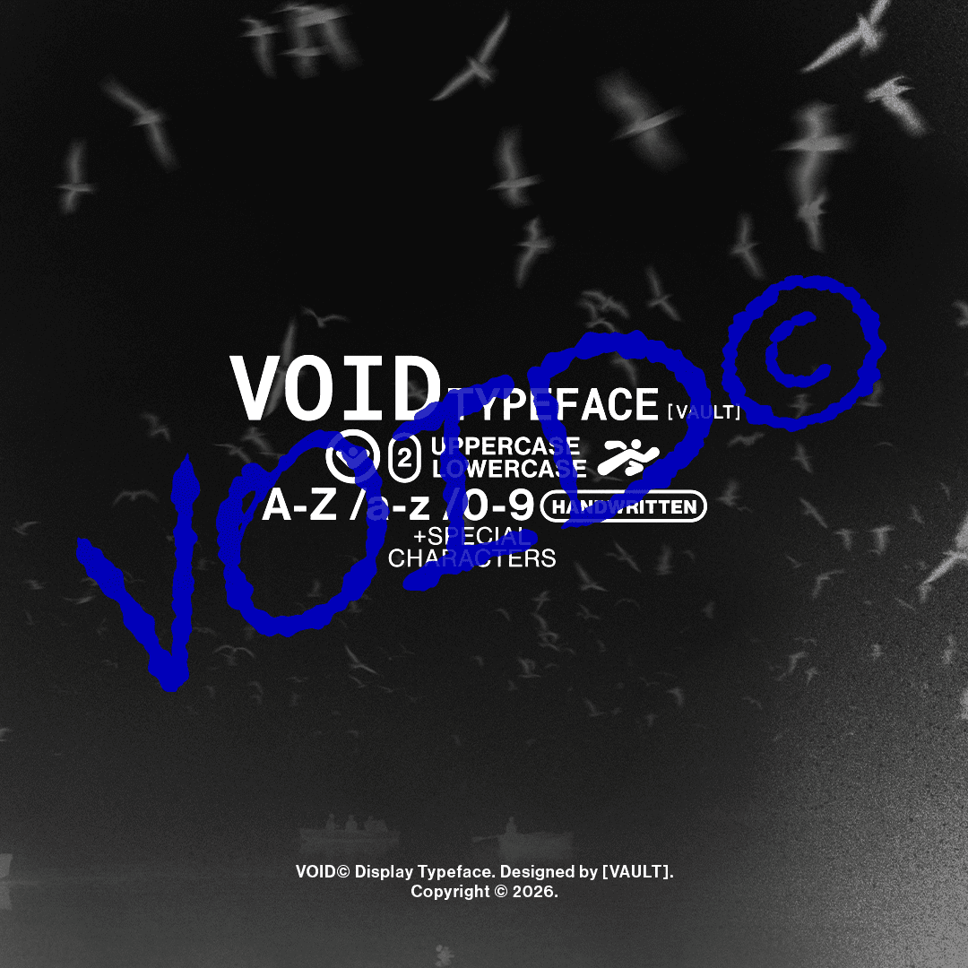 Void Typeface display font designed by Vault, featuring handwritten style character specifications over a dark background with birds.