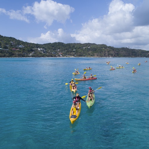 Groups of people kayaking on a calm, blue sea with a hilly coastline in the background under a partly cloudy sky.