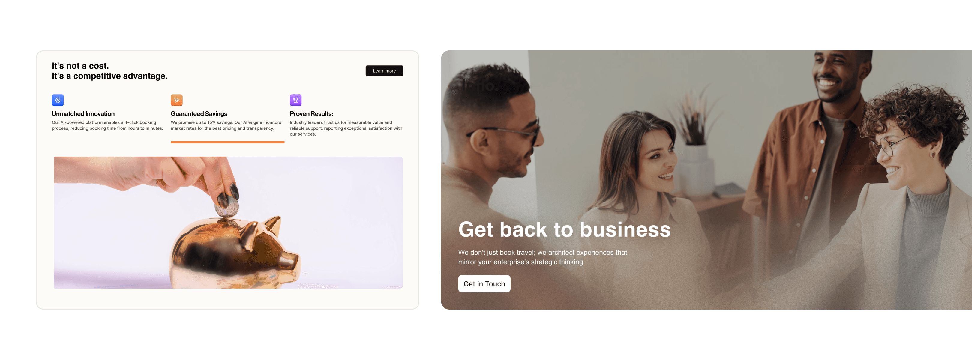 A business traveler with a suitcase gazes out a large airport window as a plane takes off, symbolizing seamless corporate travel and easy bookings, with an adjacent web interface highlighting travel services and contact options.