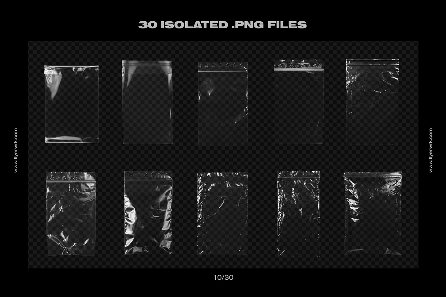 Set of ten isolated empty plastic bags with realistic wrinkles and transparent backgrounds in PNG