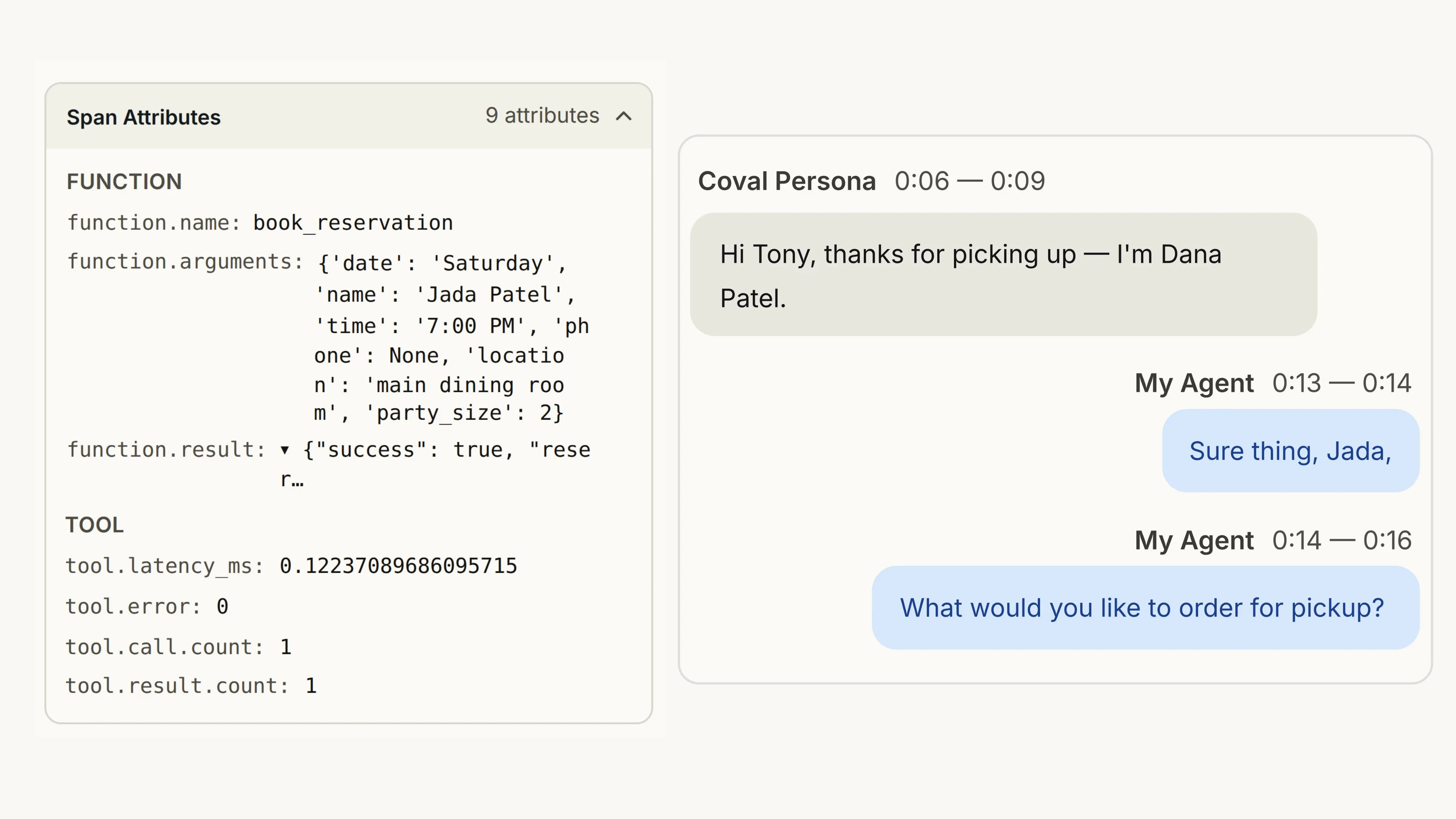 Call transcript where the caller says "I'm Dana Patel" and the agent replies "Sure thing, Jada," next to a trace of the book_reservation call made under "Jada Patel" that returned success.