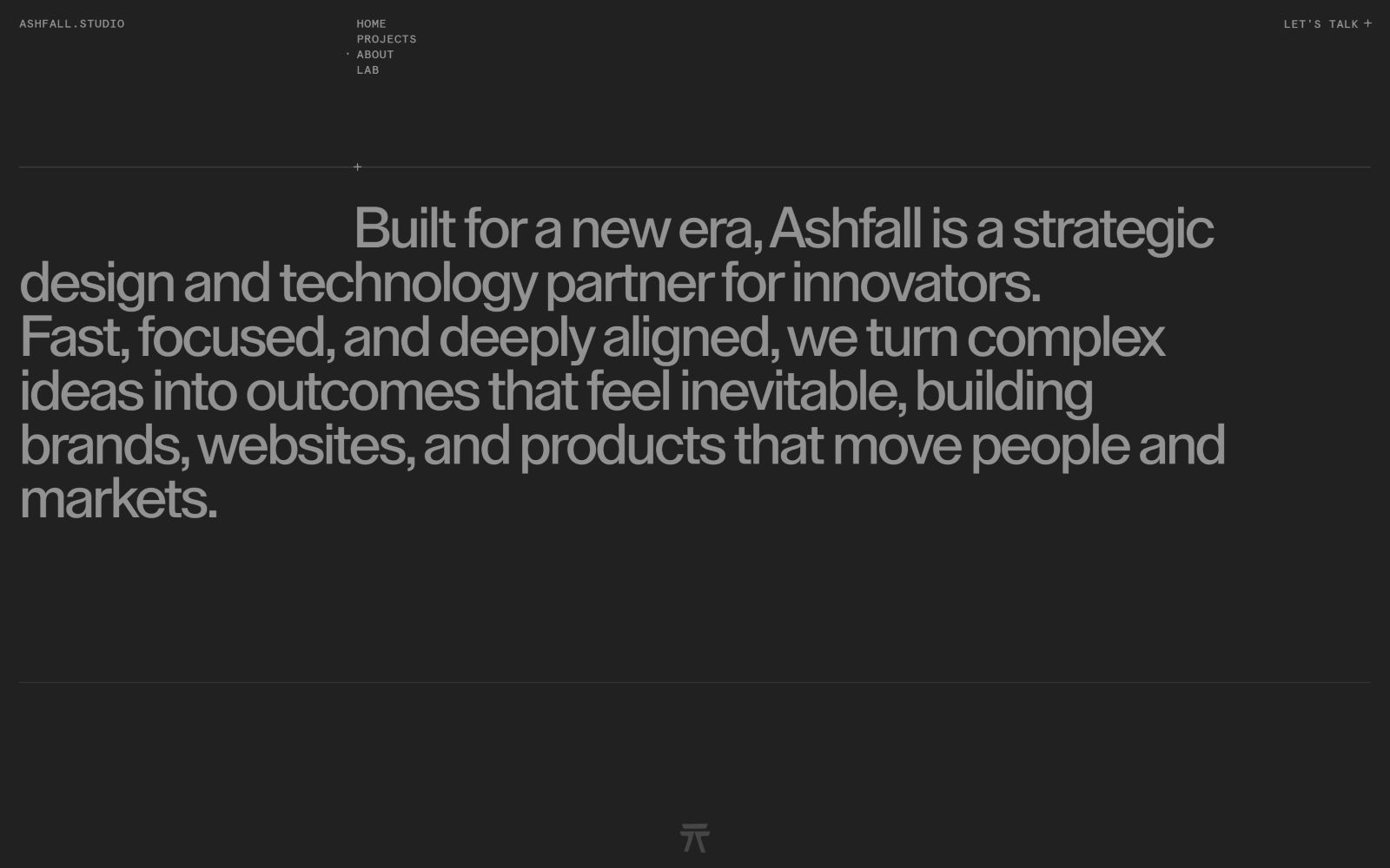 Dark background with text: "Built for a new era, Ashfall is a strategic design and technology partner..." in white. Top and right menu options.