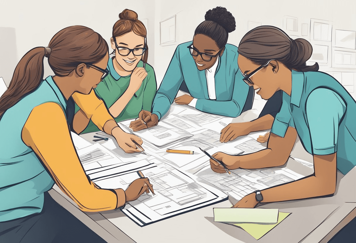 Employees engaged in team-building activities, receiving mentorship, and participating in professional development programs to promote retention and organizational stability