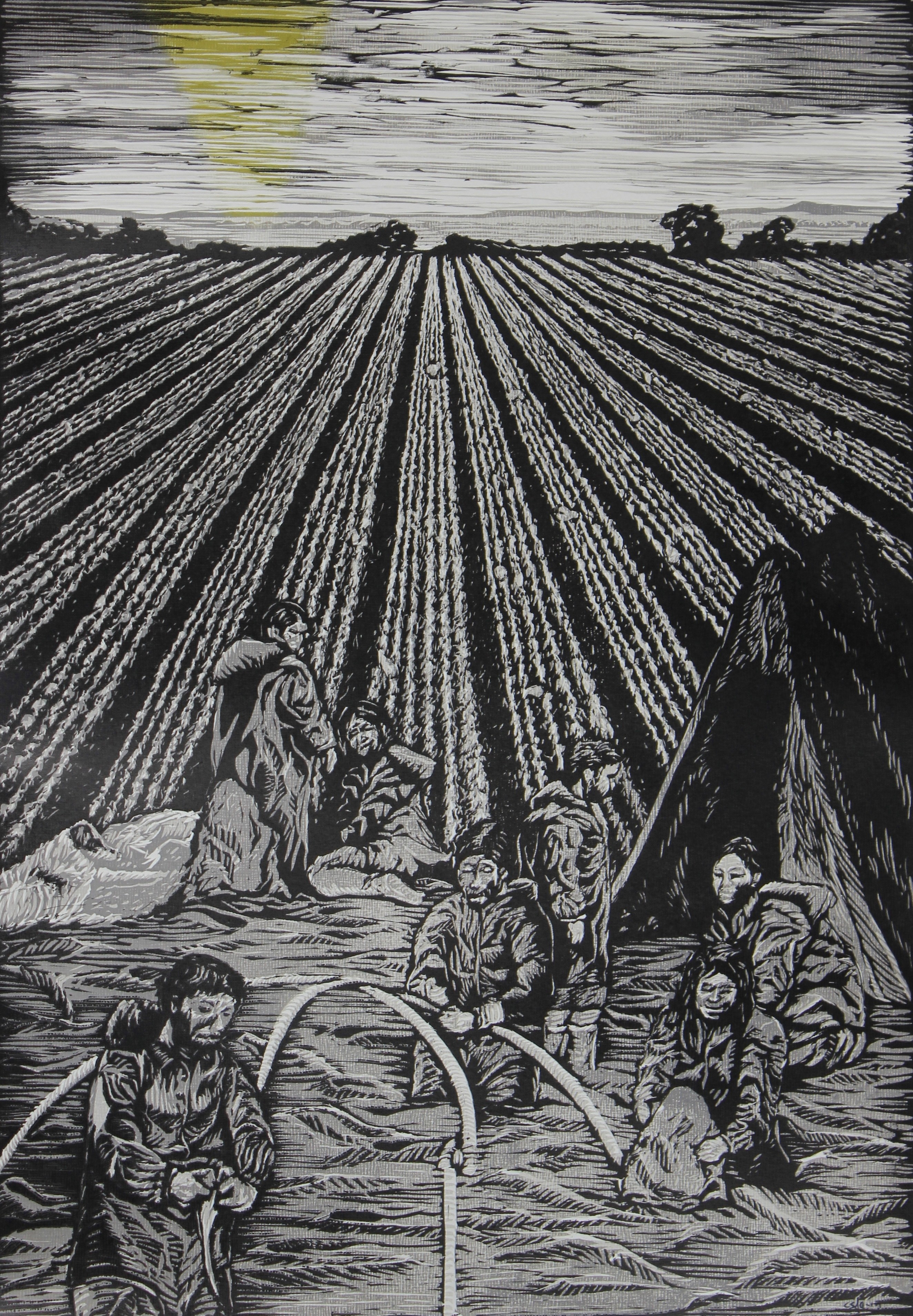 herd of sheep on road painting