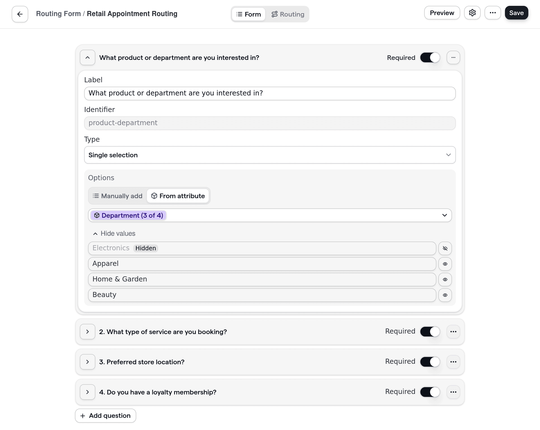 Retail appointment routing form setup with department, location, and service type questions
