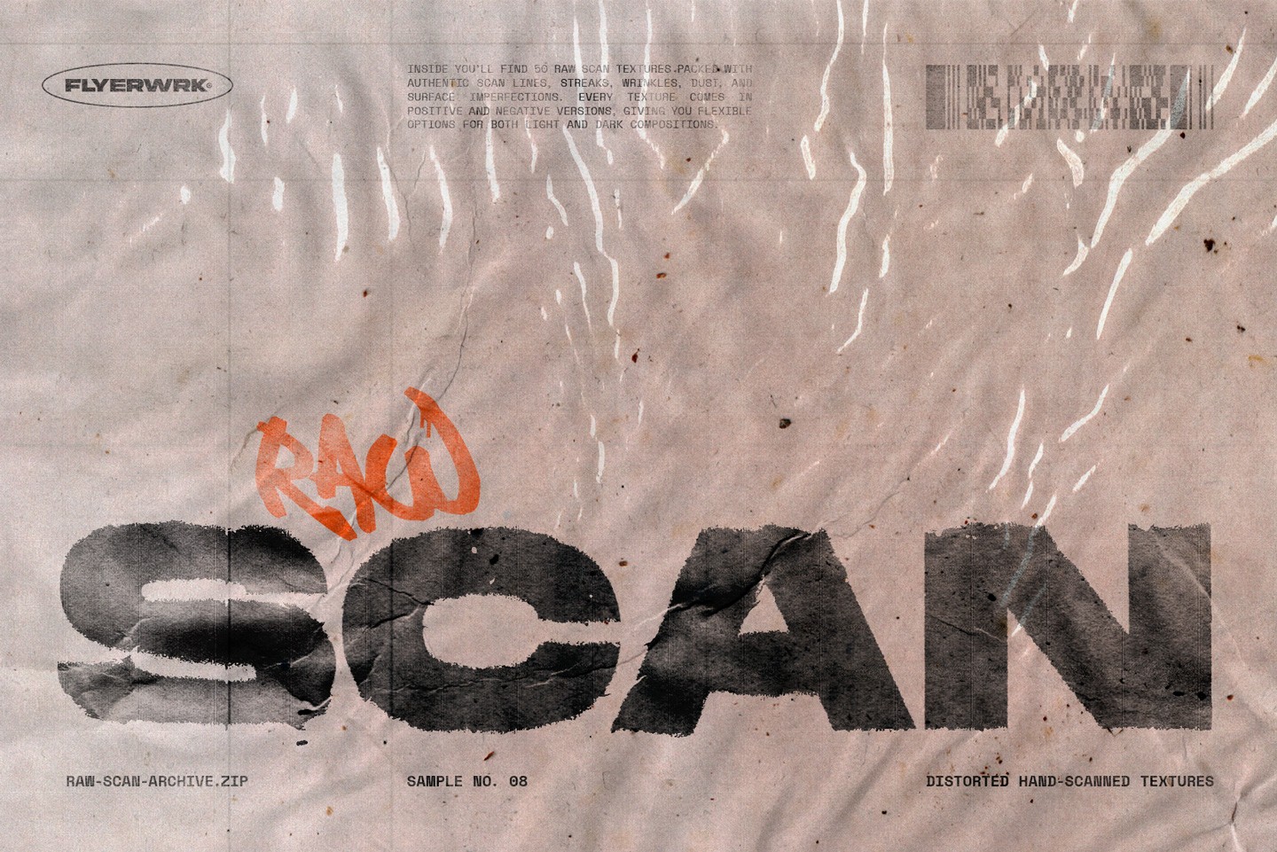 Raw Scan Archive textured background featuring distorted hand scanned paper with realistic smudges and ink character