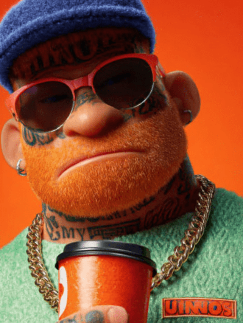 Stilisierter 3D-Charakter im Pixar-Stil: Ein tätowierter Mann mit rotem Bart, Mütze und Sonnenbrille hält einen Kaffeebecher.