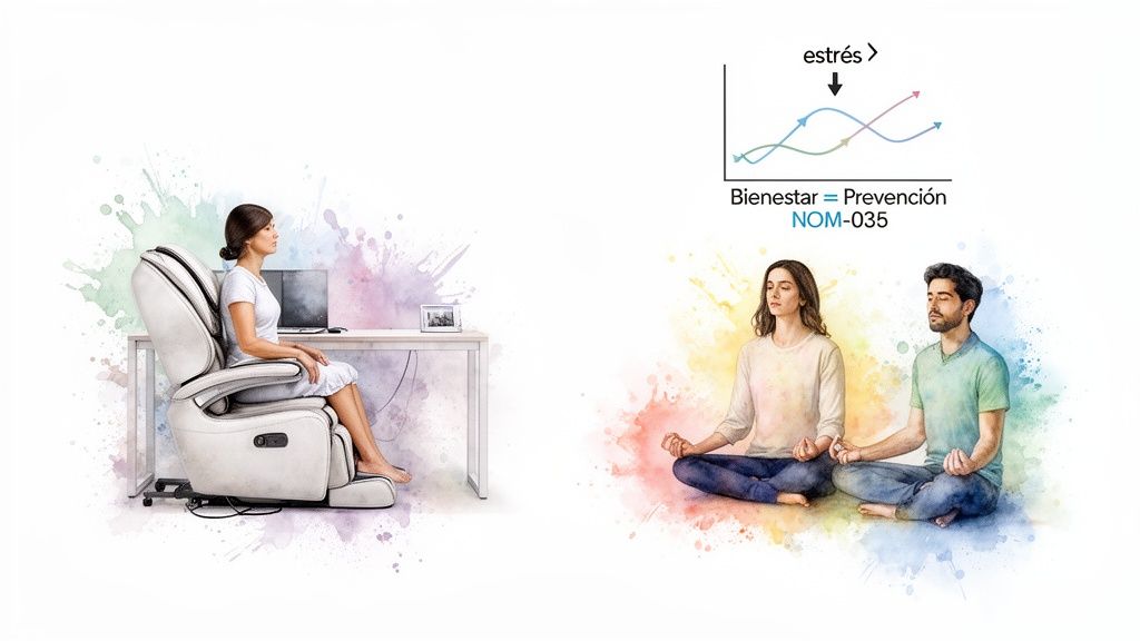 Una mujer en una silla de masaje y dos personas meditando, ilustrando bienestar y prevención del estrés.